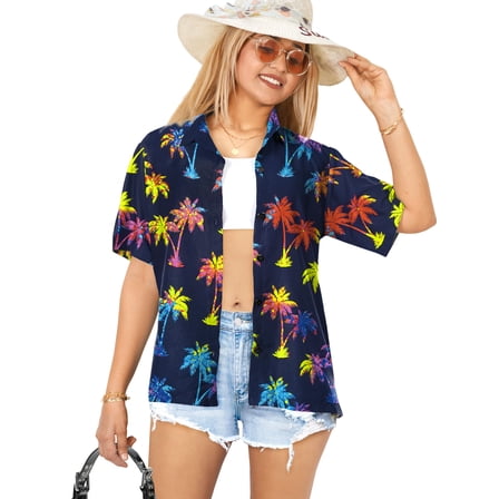 HAPPY BAY Women's Hawaiian Shirts Beach Blouses Short Sleeve T-Shirt Button Up Dress Shirt Tee Tops for Women S Colorful Palm, Blue
