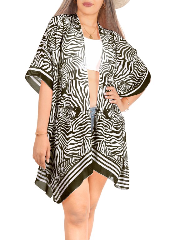 Women's Kimono Loose Summer Duster Outwear Top Dress Beachwear Bohemian Cover Up Holiday Cardigans for Women 2X-3X Zebra Stripes, Black