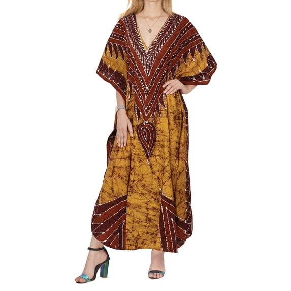 HAPPY BAY Women's Loose Caftan Long Boho Sleepwear Loungewear Dashiki House Dress 2X-3X Brown, Stripes