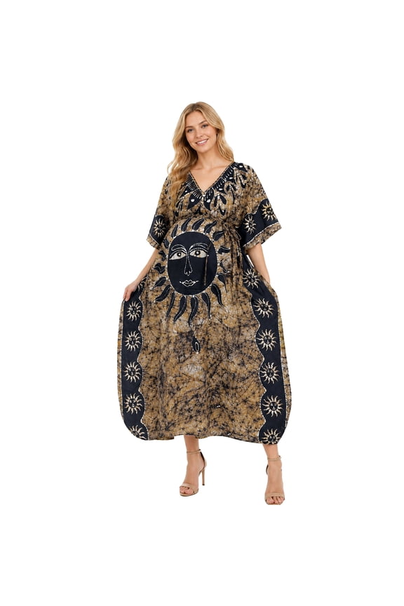 Women's Loose Caftan Maxi House Sleep Shirt Loungewear Dashiki Dresses for Women 2X-3X Black-U765