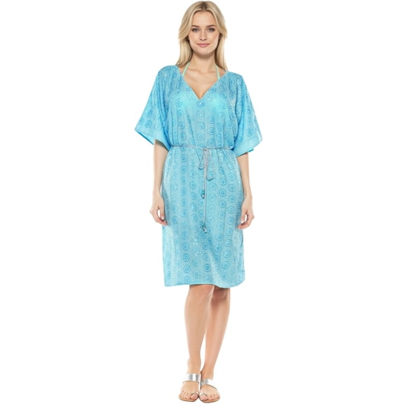 HAPPY BAY Women's Loose Caftan Mini Loungewear Tunics House Dress 2X-3X Mary Blue_S59