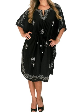 HAPPY BAY Women's Loungewear Loose Caftan Slit Dress Maxi House Sleep Shirt  2X-3X Kohl, Hibiscus 