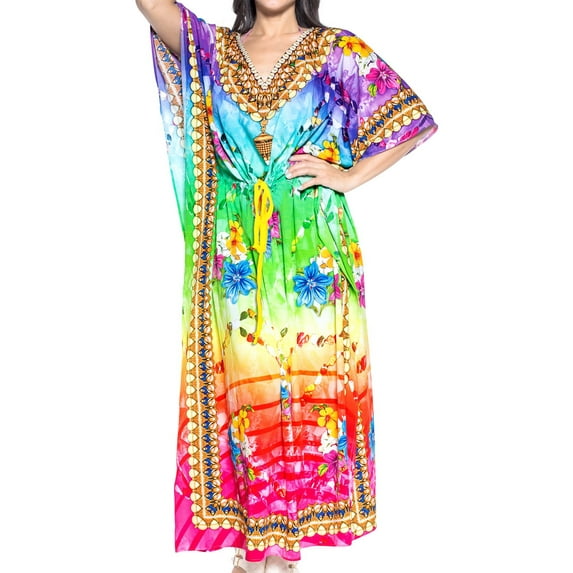 HAPPY BAY Women's Loungewear African Beach Maxi Plus Size Kaftan Casual Long Slit Dress Caftan Dresses for Women One Size Hibiscus Red, Blossom