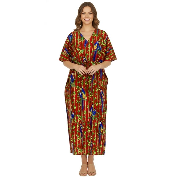 HAPPY BAY Women's Loungewear Beach Slit Dress Cover Up Long Caftan Kaftan Maxi Dresses for Women 2X-3X Crimson, Parrots