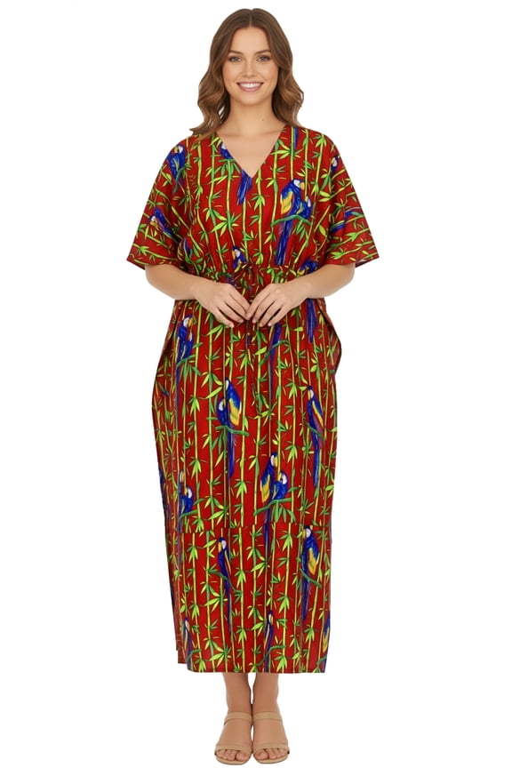 Women's Loungewear Beach Slit Dress Cover Up Long Caftan Kaftan Maxi Dresses for Women 2X-3X Crimson, Parrots