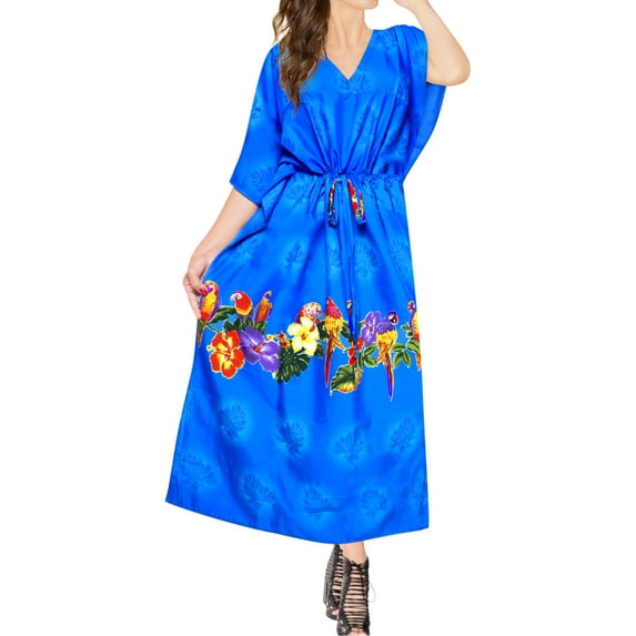 HAPPY BAY Women's Loungewear Beach Slit Dress Cover Up Long Caftan Plus Size Kaftan Maxi Dresses for Women 2X-3X Sky, Parrots