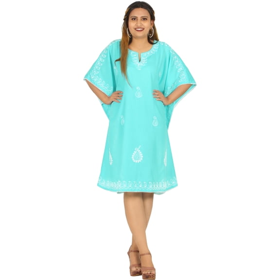 HAPPY BAY Women's Loungewear Casual Ladies Bikini Kaftan Beachwear Tunic Summer Vacation Coverup Mini Caftan for Women 2X-3X Paisley, Blue
