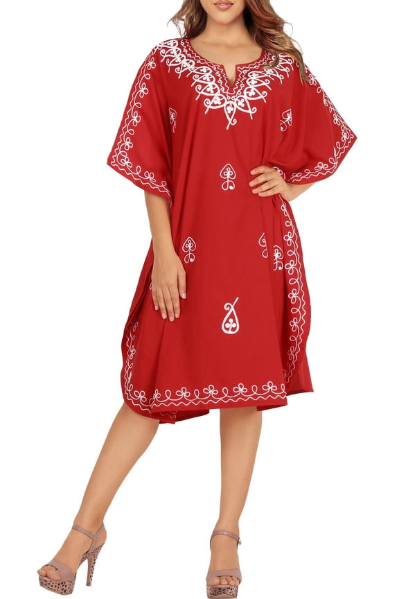 Women's Loungewear Casual Ladies Bikini Kaftan Beachwear Tunic Summer Vacation Coverup Mini Caftan for Women 2X-3X Red, Paisley