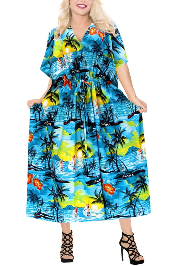 Women's Loungewear Casual Long Kaftan Beach Cover Up Slit Dress Maxi Dresses Caftans for Women 2X-3X Teal, Palm Tree