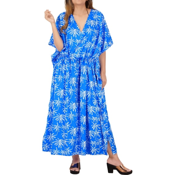 HAPPY BAY Women's Loungewear Casual Long Kaftan Beach Cover Up Slit Dress Maxi Dresses Caftans for Women 2X-3X Tidal Wave, Palm Tree