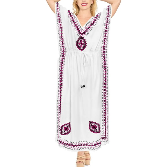 HAPPY BAY Women's Loungewear Loose Caftan Long Muumuu Nightgown 2X-3X White, Embroidery