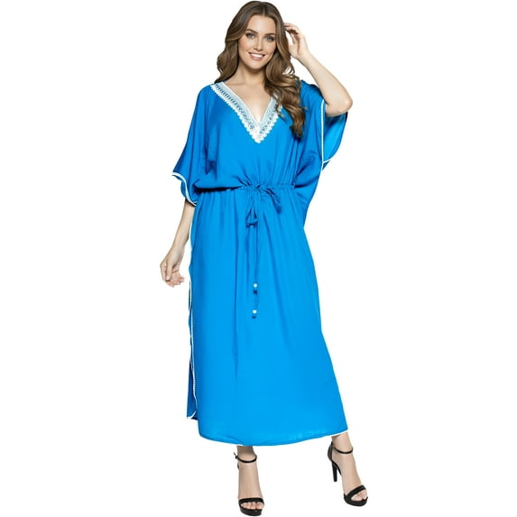 HAPPY BAY Women's Loungewear Loose Caftan Maxi Robe Flowy Home Wear 3X-4X Mary Blue_U44