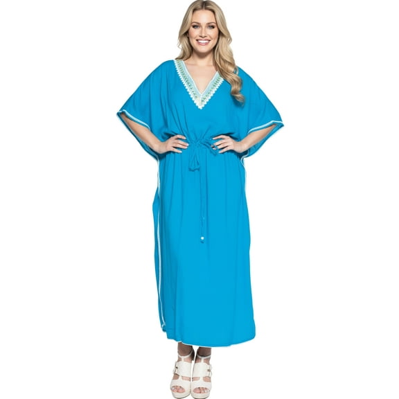HAPPY BAY Women's Loungewear Loose Caftan Maxi Robe Flowy Home Wear 3X-4X Turquoise_AA73