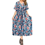 HAPPY BAY Women's Loungewear Loose Slit Dress Caftan Maxi House Sleep Shirt 2X-3X Blue, Floral