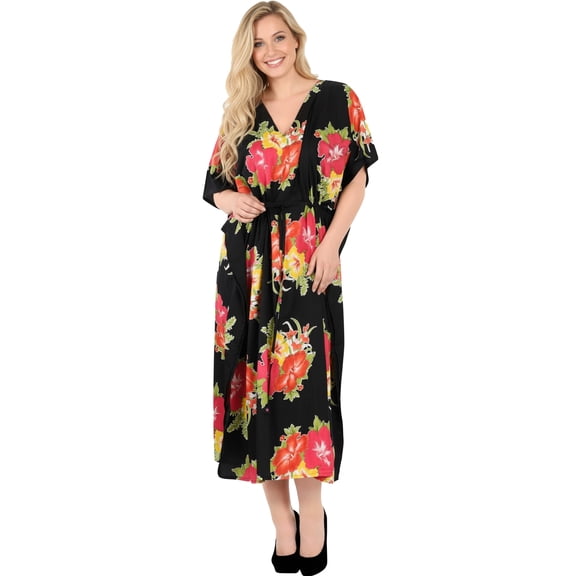 HAPPY BAY Women's Loungewear Loose Slit Dress Caftan Maxi House Sleep Shirt 2X-3X Pink, Floral