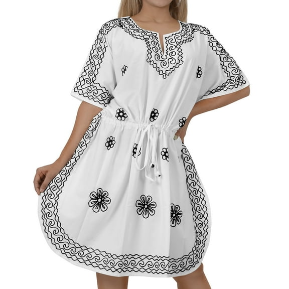 HAPPY BAY Women's Loungewear Solid Casual Relaxed Caftan Knee Length Cover Up Dresses for Women 2X-3X Floral, White