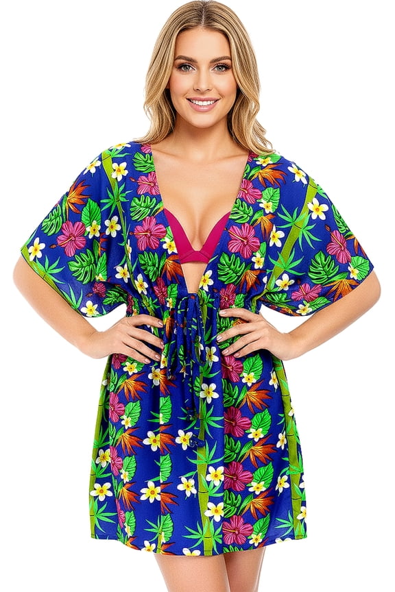 Women's Mini Beach Tropical Dress Swimsuit V Neck Tops Cover Ups for Swimwear Women XL-XXL Dodger, Floral Hibiscus Bamboo Tree