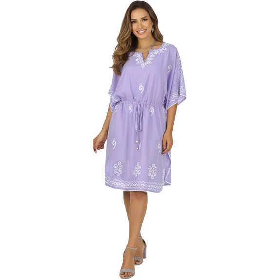 HAPPY BAY Women's Mini Vacation Cover-Up Bikini Casual Summer Beachwear Short Sleeve Caftan for Women Coverup Tunic Dress 2X-3X Purple, Embroidery