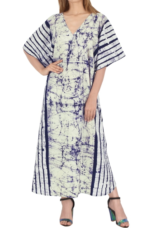 Women's Nightgown Batik Caftan for Womens Sleepwear Long House Kaftan Loungewear Dashiki Dress Plus Size 2X-3X Navy, Stripes