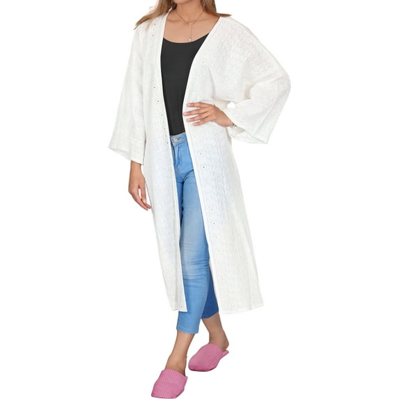 HAPPY BAY Women's Open Front Slouchy Kimono Duster Cardigans 1X-2X Ivory, Solid