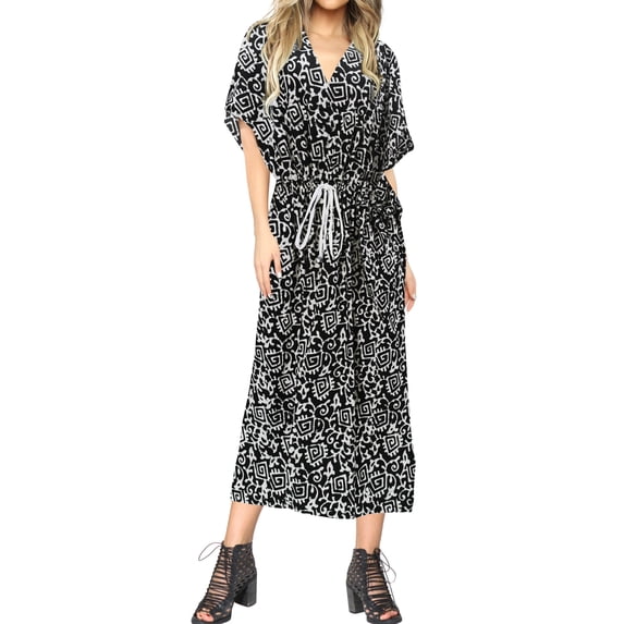 HAPPY BAY Women's Relaxed Fit Slit Loungewear Dashiki House Dress Caftan Maxi Evening Gown 2X-3X Black-O440