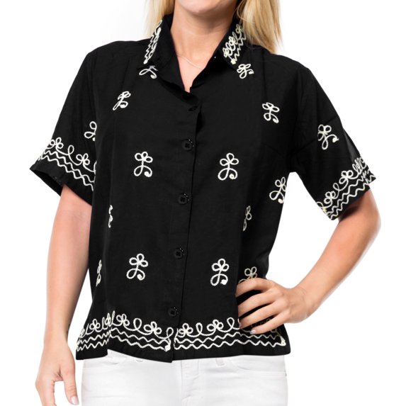 HAPPY BAY Women's Short-Sleeve Button Down Casual Blouses Summer Elegant Holidays Outdoor Funky Hawaiian Shirt For Womens XL plus-size Squid Ink_AD544