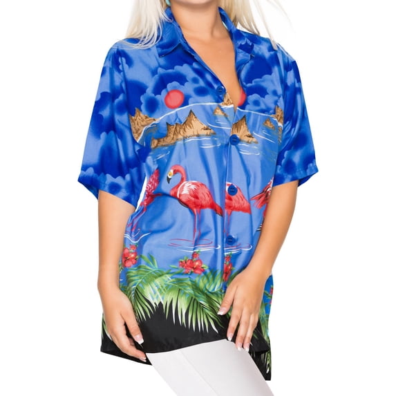 HAPPY BAY Women's Short-Sleeve Summer Blouses Fashion Beach Bohemian Party Vacation Relaxed Fit Button Down Hawaiian Shirt M Sapphire, Blue Flamingo