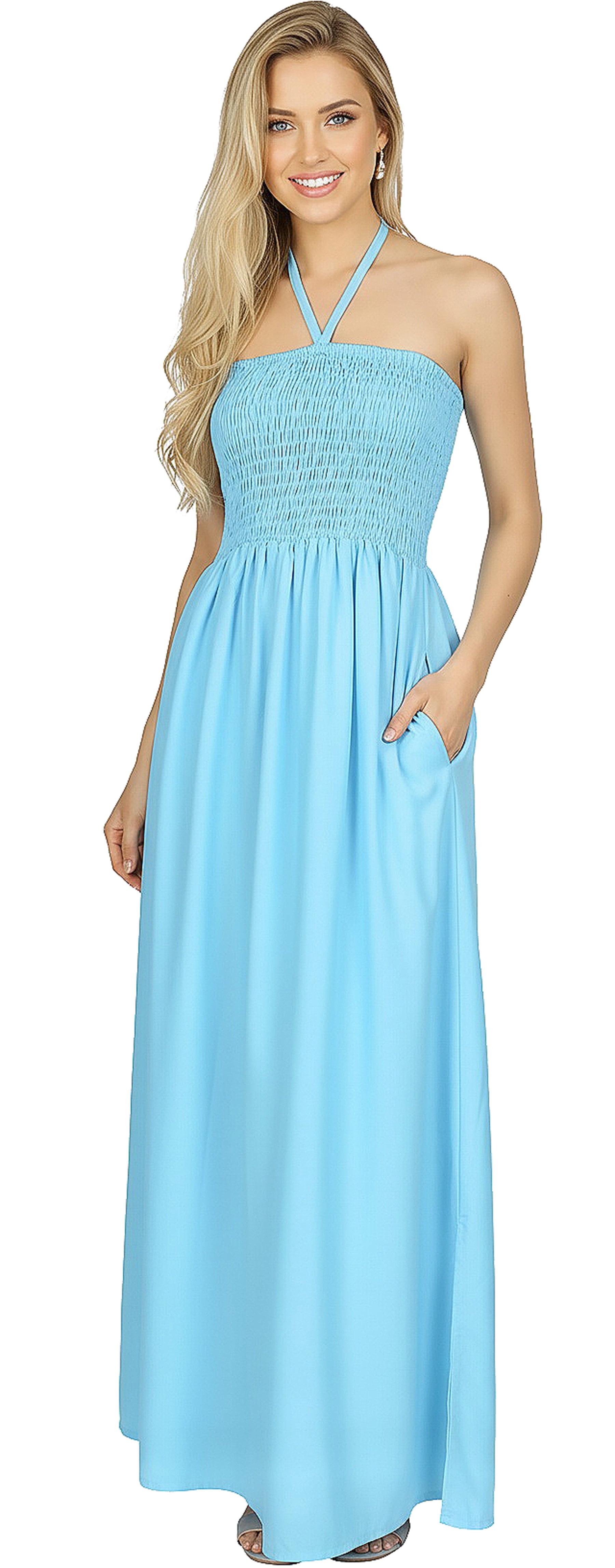 bay blue dress HAPPY Women's Solid Smocked Top Maxi Evening Slit Casual Strapless Tube Dresses for Women One Size Cyan, Solid Sleeve Length:38 is ready to be Navy Blue Sequin-Lace Formal 16Momme