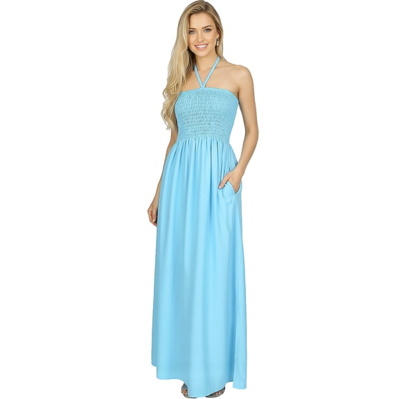 HAPPY BAY Women's Solid Smocked Maxi Evening Slit Dress Casual Tube Top Strapless Dresses for Women One Size Aqua, Solid
