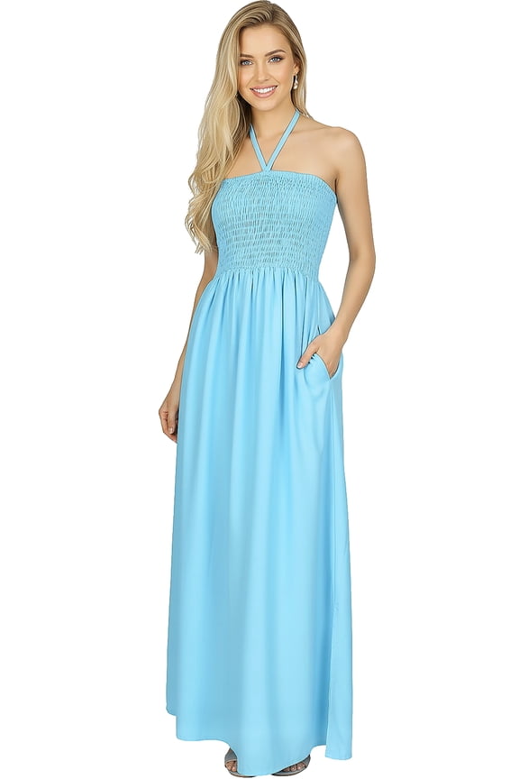 Women's Solid Smocked Maxi Evening Slit Dress Casual Tube Top Strapless Dresses for Women One Size Aqua, Solid