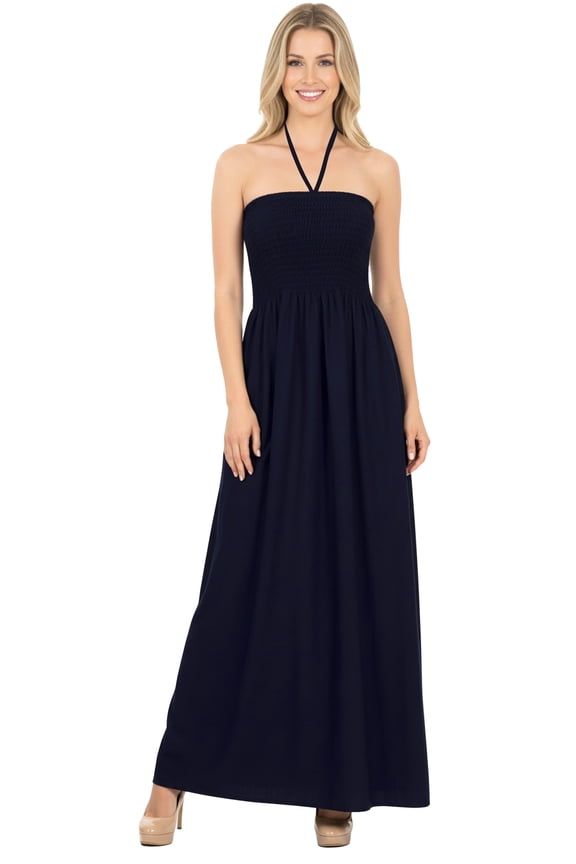 Women's Solid Smocked Maxi Evening Slit Dress Casual Tube Top Strapless Dresses for Women One Size Blue, Solid