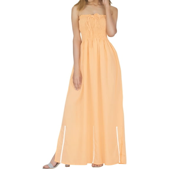 HAPPY BAY Women's Solid Smocked Maxi Evening Slit Dress Casual Tube Top Strapless Dresses for Women One Size Peach, Solid