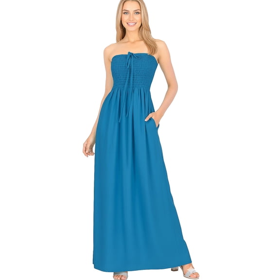 HAPPY BAY Women's Solid Smocked Top Maxi Evening Slit Dress Casual Strapless Tube Dresses for Women One Size Cobalt, Solid