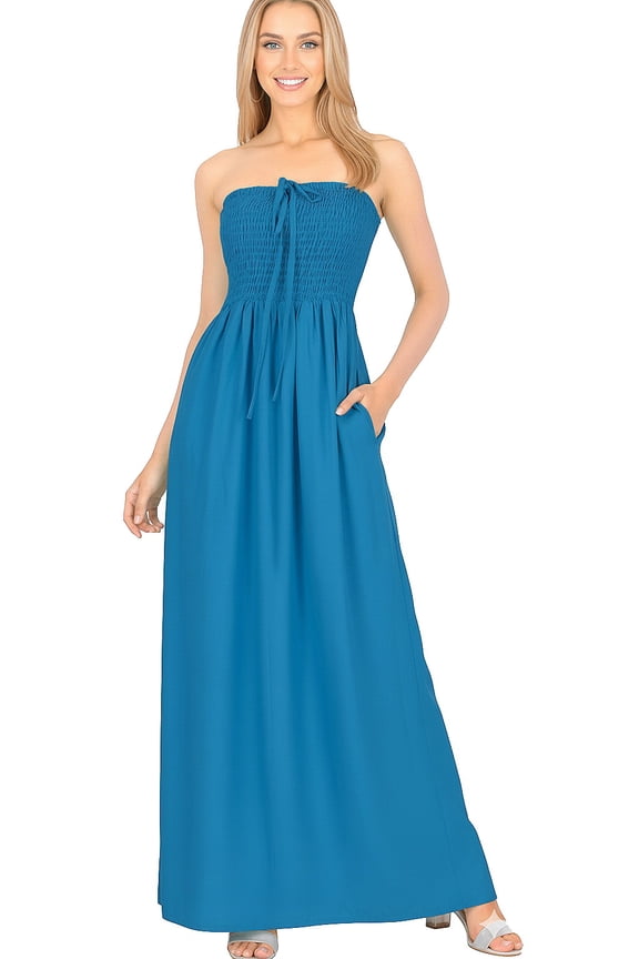 Women's Solid Smocked Top Maxi Evening Slit Dress Casual Strapless Tube Dresses for Women One Size Cobalt, Solid