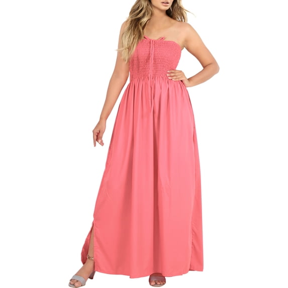 HAPPY BAY Women's Solid Smocked Top Maxi Evening Slit Dress Casual Strapless Tube Dresses for Women One Size Punch, Plain