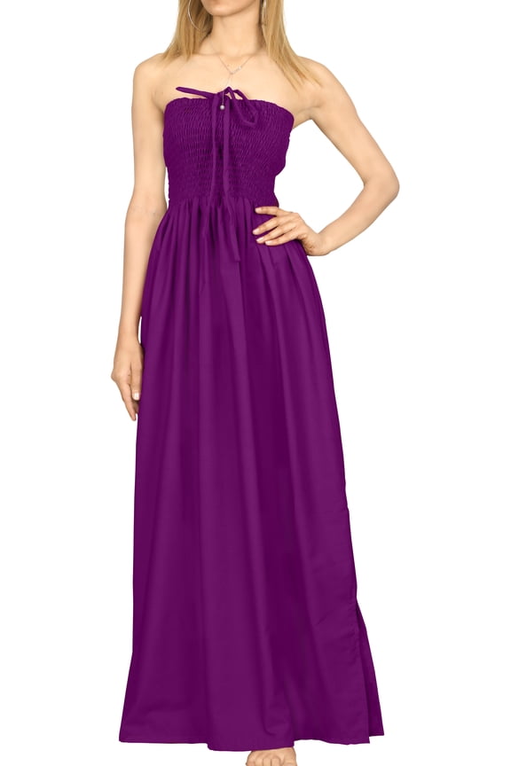 Women's Solid Smocked Top Maxi Evening Slit Dress Casual Strapless Tube Dresses for Women One Size Violet, Solid