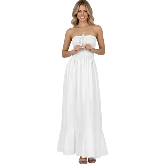 HAPPY BAY Women's Solid Smocked Tube Top Maxi Evening Frill Dress Casual Strapless Dresses for Women One Size Ivory, Solid