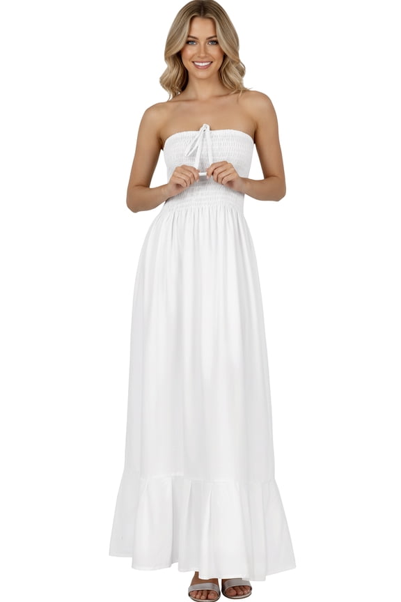 Women's Solid Smocked Tube Top Maxi Evening Frill Dress Casual Strapless Dresses for Women One Size Ivory, Solid