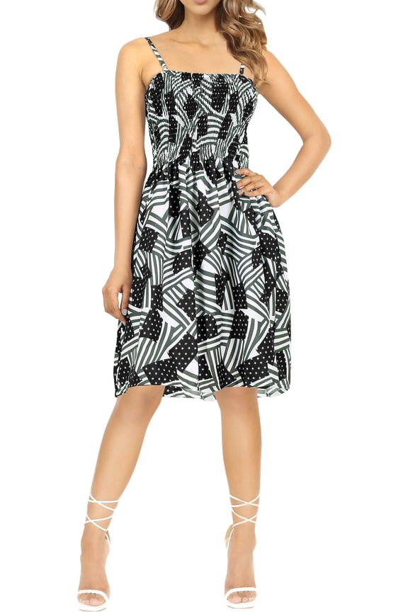 Women's Summer 4th of July American Army Police USA Flag Smocked Mini Swing Beach Dress Tube Top Dresses for Women One Size Black, US Stripes