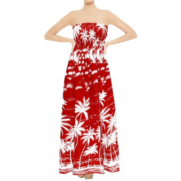 HAPPY BAY Women's Summer A-Line Maxi Beach Dress Boho Smocked Top Evening Long Strapless Tube Dresses for Women One Size Ruby, Palm Tree