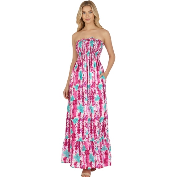 HAPPY BAY Women's Summer A-Line Maxi Smocked Top Frill Dress Long Beach Bohemian Strapless Tube Dresses for Women One Size Raspberry, Floral Stripes
