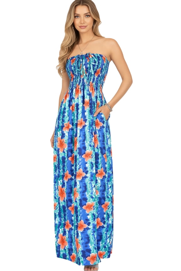 Women's Summer A-Line Maxi Smocked Top Slit Dress Long Beach Bohemian Strapless Tube Dresses for Women L-XL Cobalt, Floral Stripes