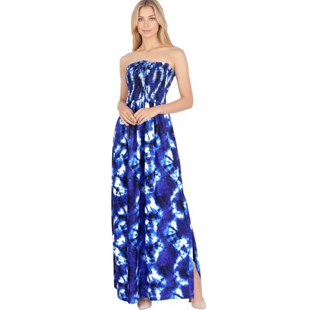 HAPPY BAY Women's Summer A-Line Maxi Smocked Top Slit Dress Long Beach Bohemian Strapless Tube Dresses for Women One Size Iris, Tie Dye