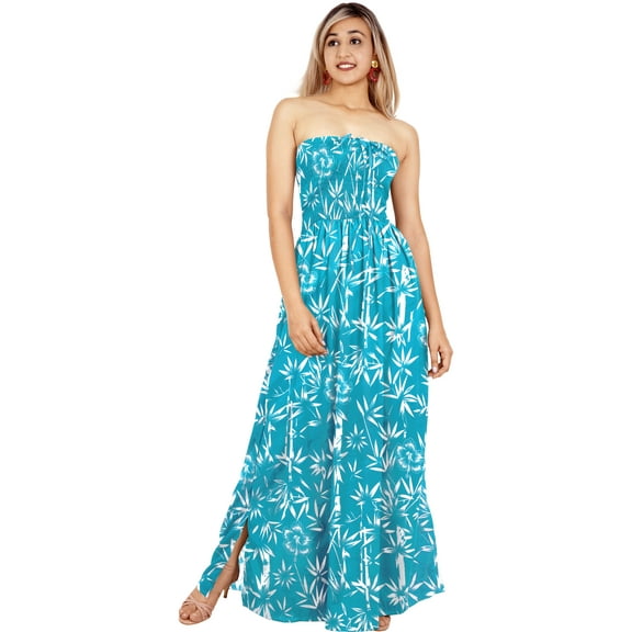HAPPY BAY Women's Summer A-Line Maxi Smocked Top Slit Dress Long Beach Evening Strapless Tube Dresses for Women One Size Blue, Leaves