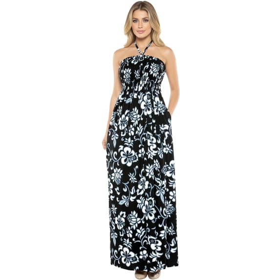 HAPPY BAY Women's Summer A-Line Maxi Smocked Top Slit Dress Long Beach Evening Strapless Tube Dresses for Women One Size Charcoal, Floral