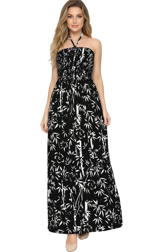 Women's Summer A-Line Maxi Smocked Top Slit Dress Long Beach Evening Strapless Tube Dresses for Women One Size Coal, Leaves