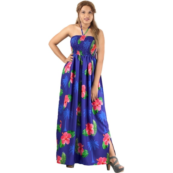 HAPPY BAY Women's Summer A-Line Maxi Smocked Top Slit Dress Long Beach Evening Strapless Tube Dresses for Women One Size Royal, Floral