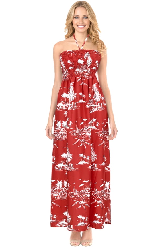 Women's Summer A-Line Slit Maxi Beach Dress Boho Smocked Top Evening Long Strapless Tube Dresses for Women One Size Coral, Island