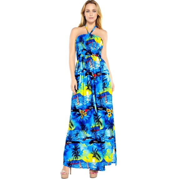 HAPPY BAY Women's Summer A-Line Slit Maxi Beach Dress Boho Smocked Top Evening Long Strapless Tube Dresses for Women One Size Horizon, Palm Tree View