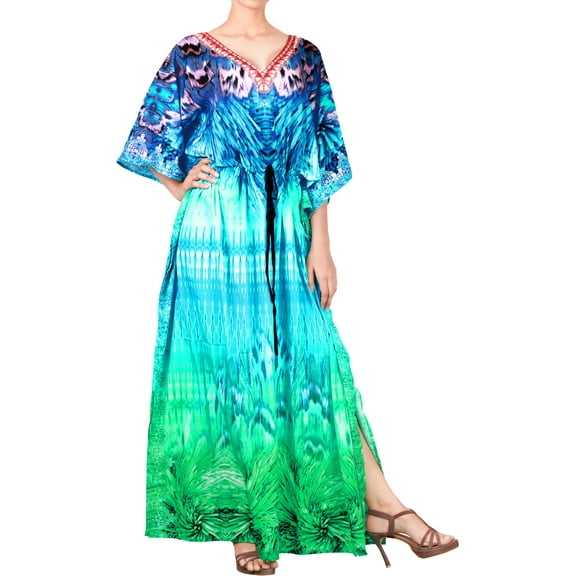 HAPPY BAY Women's Summer African Beach Maxi Plus Size Caftan Casual Slit Dress Loungewear Dashiki Dresses for Women 2X-3X Bright Turquoise, Grass